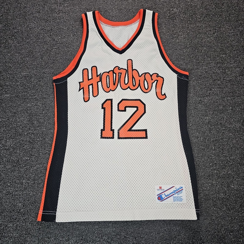 Vintage 1980s Champion Harbor #12 Basketball Jersey Medium Orange White